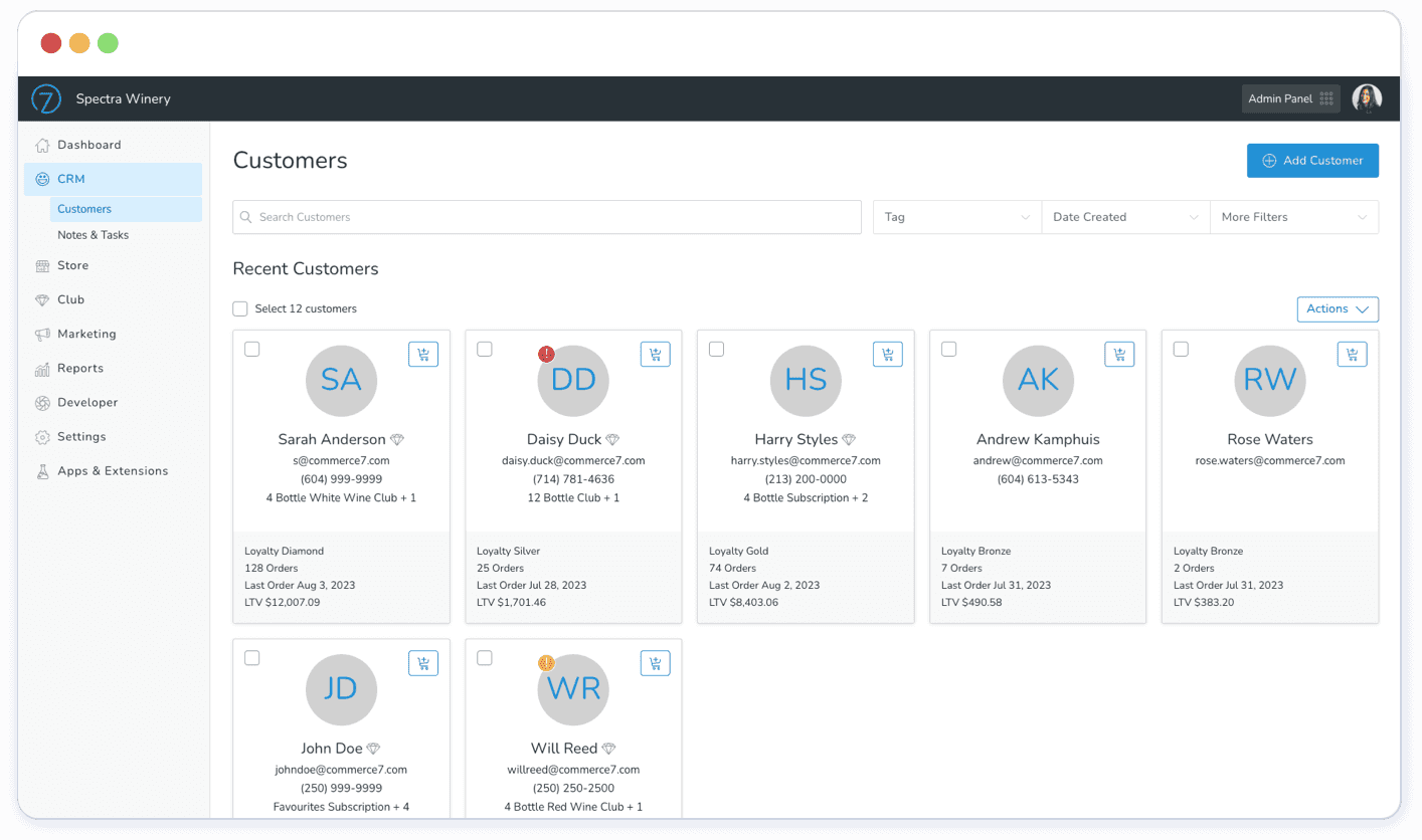 A screenshot of Commerce7 platform.